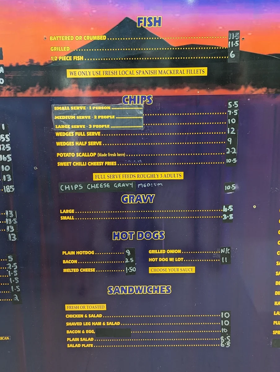 Menu, Mount Peter Foodstore & Take Away