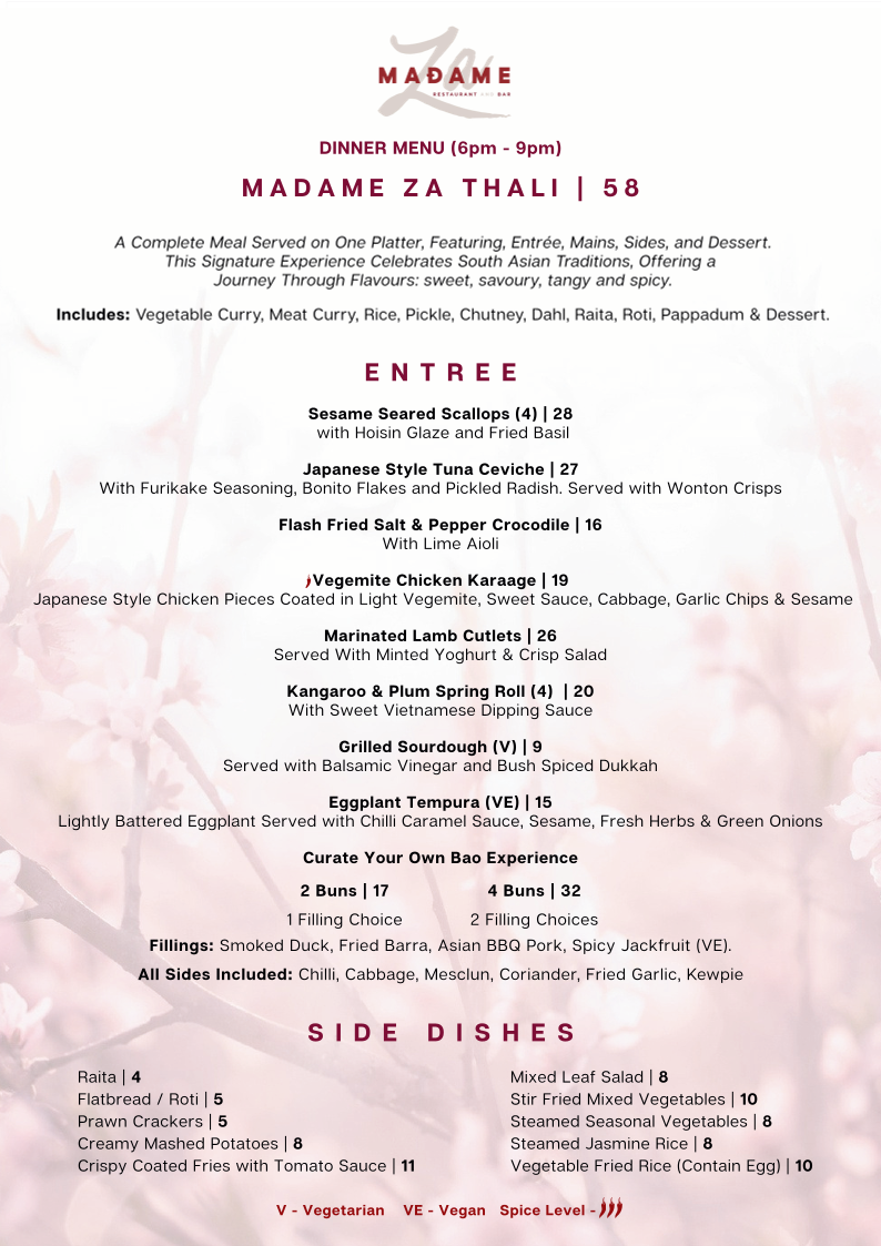 Menu, Madame Za Restaurant and Bar