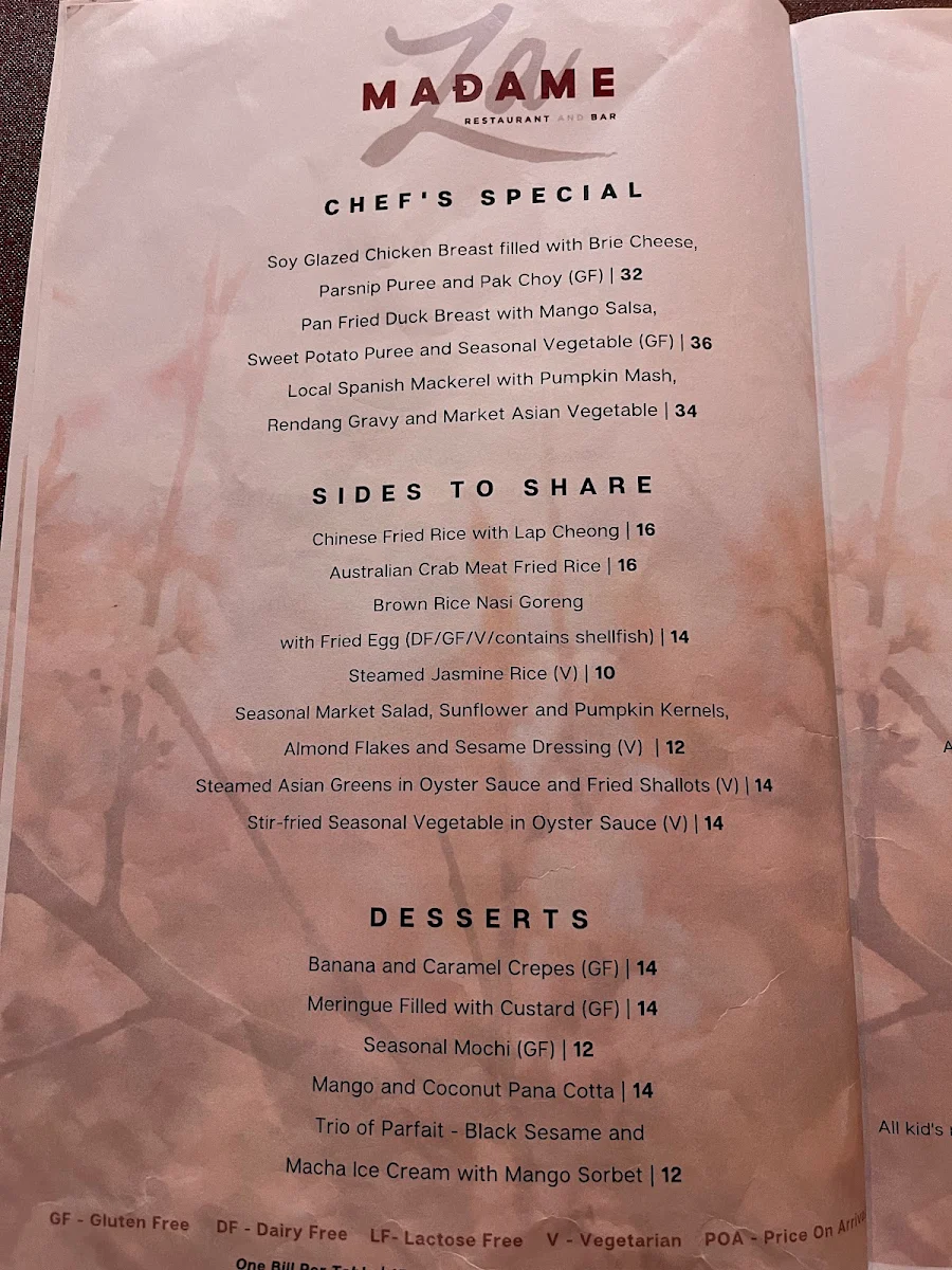 Menu, Madame Za Restaurant and Bar