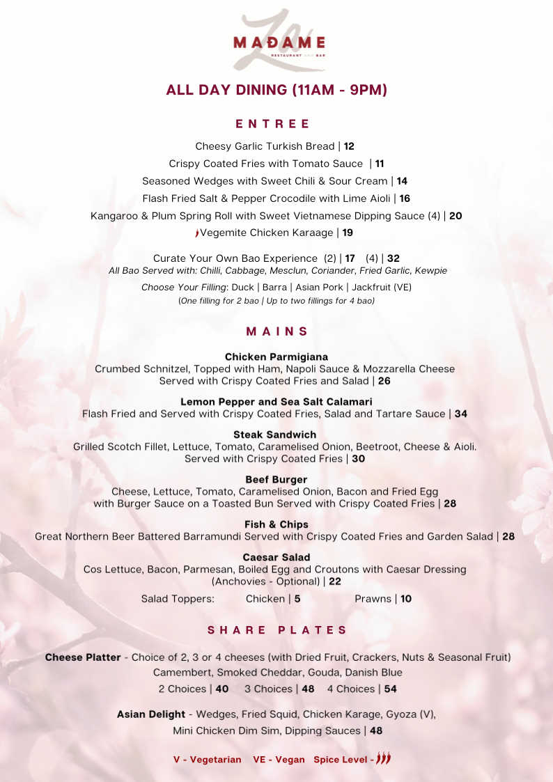 Menu, Madame Za Restaurant and Bar