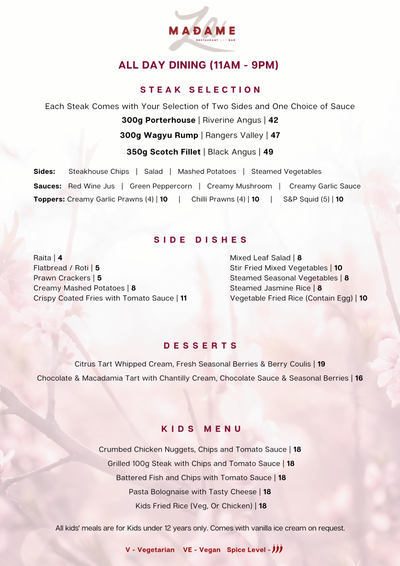 Menu, Madame Za Restaurant and Bar