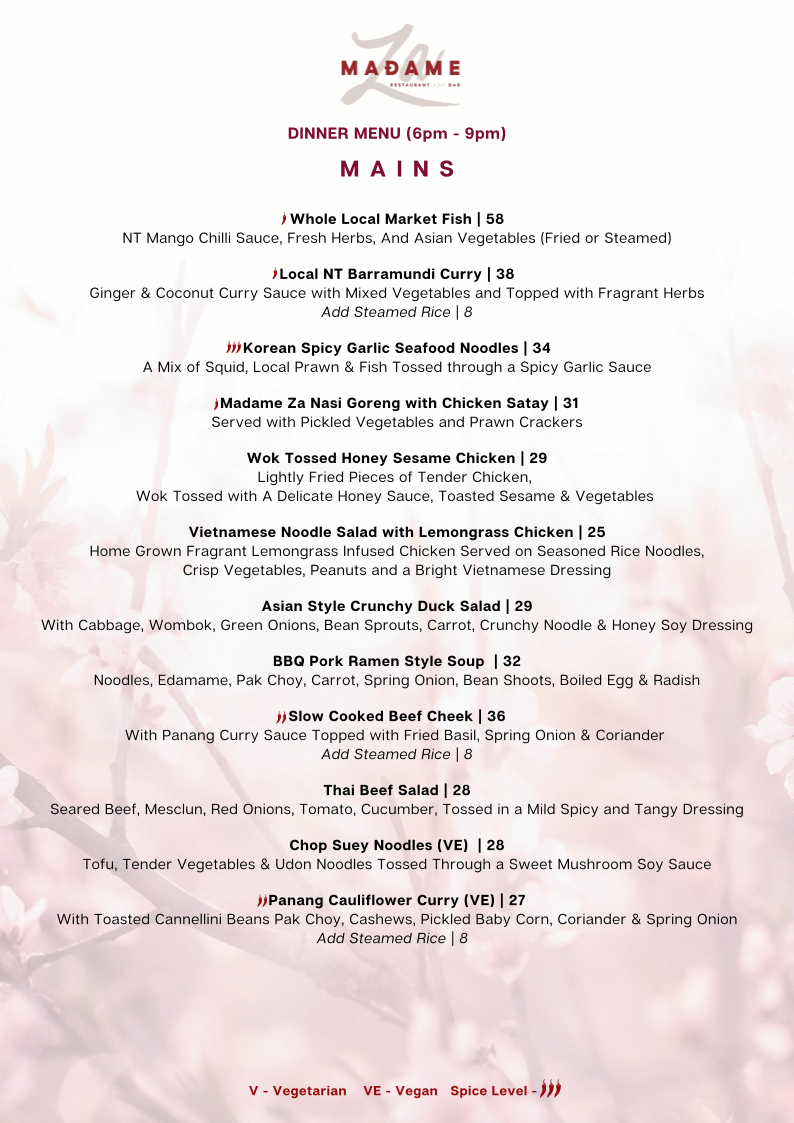 Menu, Madame Za Restaurant and Bar