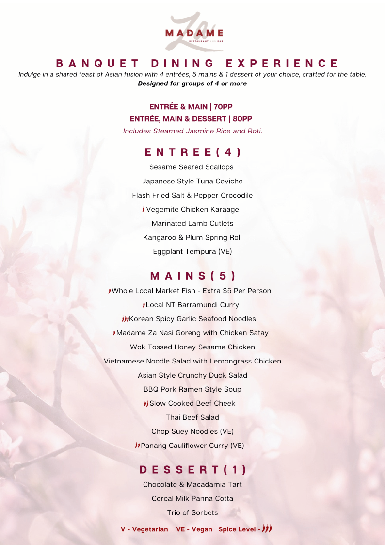 Menu, Madame Za Restaurant and Bar