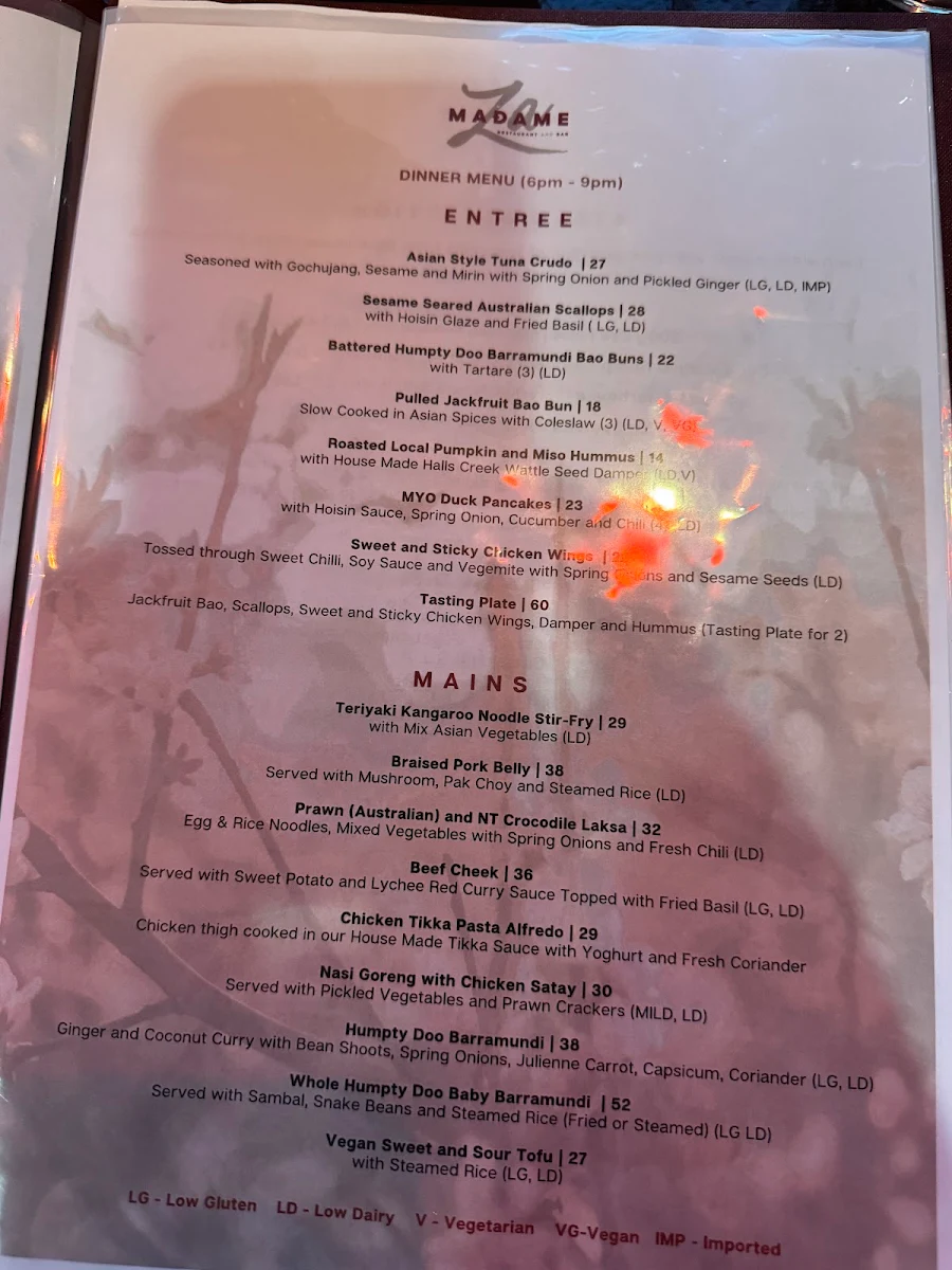 Menu, Madame Za Restaurant and Bar