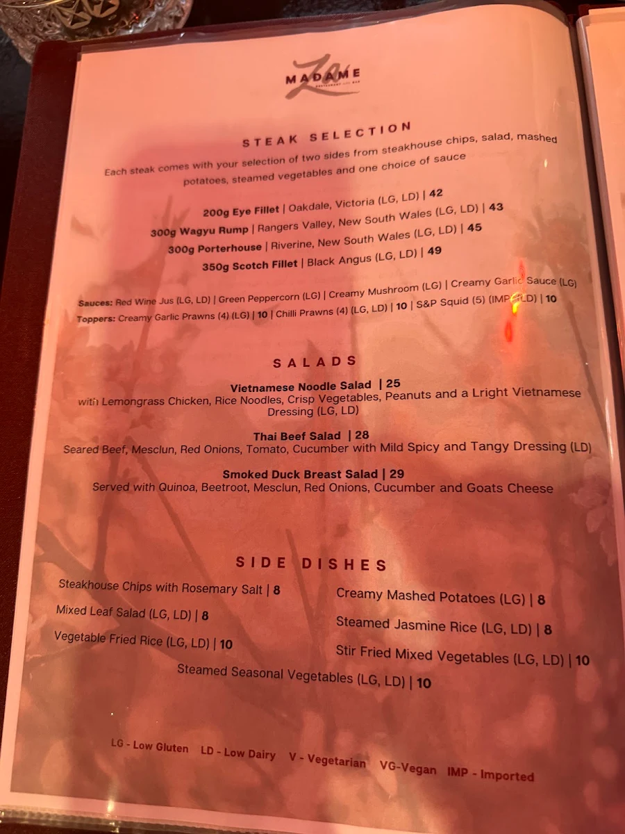 Menu, Madame Za Restaurant and Bar