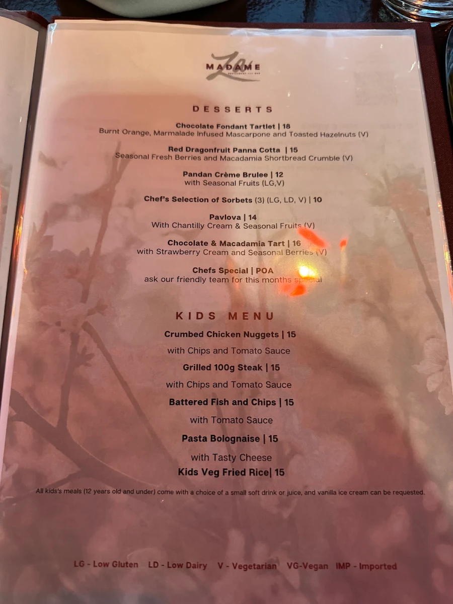 Menu, Madame Za Restaurant and Bar