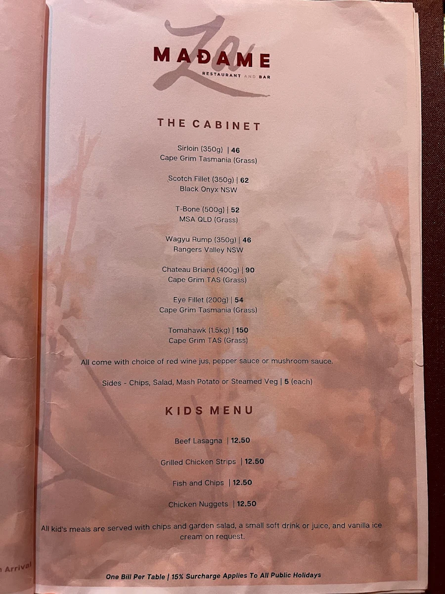 Menu, Madame Za Restaurant and Bar
