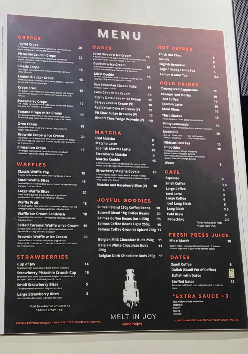Menu, Melt In Joy Docklands