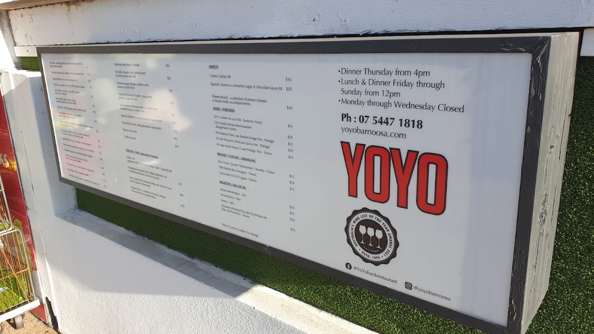 Menu, YoYo Bar and Restaurant