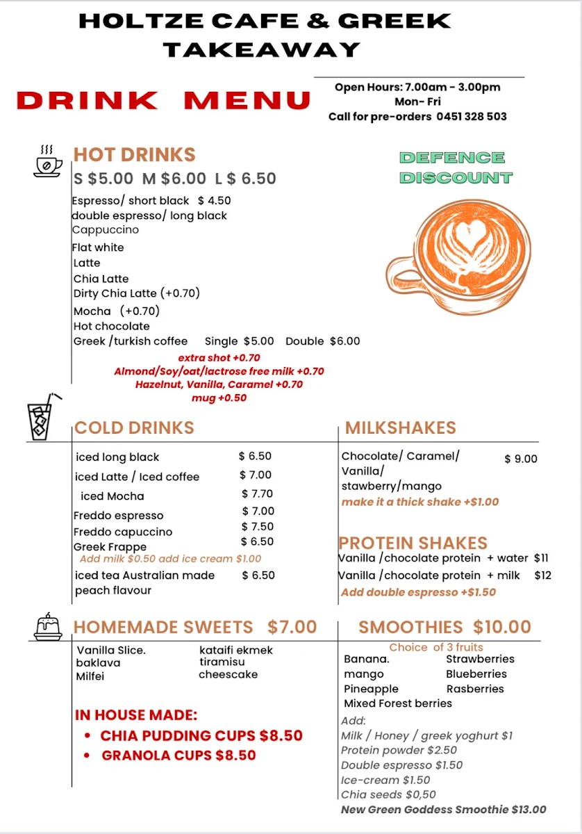 Menu, Holtze Cafe & Greek Takeaway