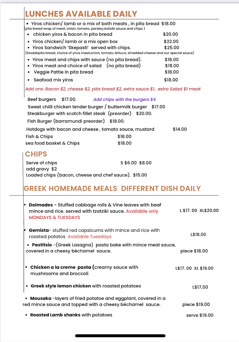 Menu, Holtze Cafe & Greek Takeaway