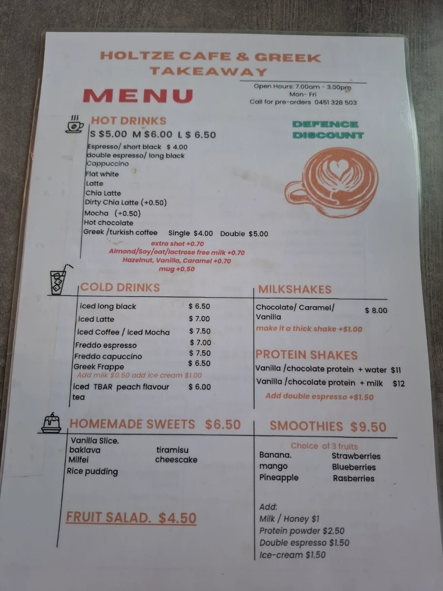 Menu, Holtze Cafe & Greek Takeaway