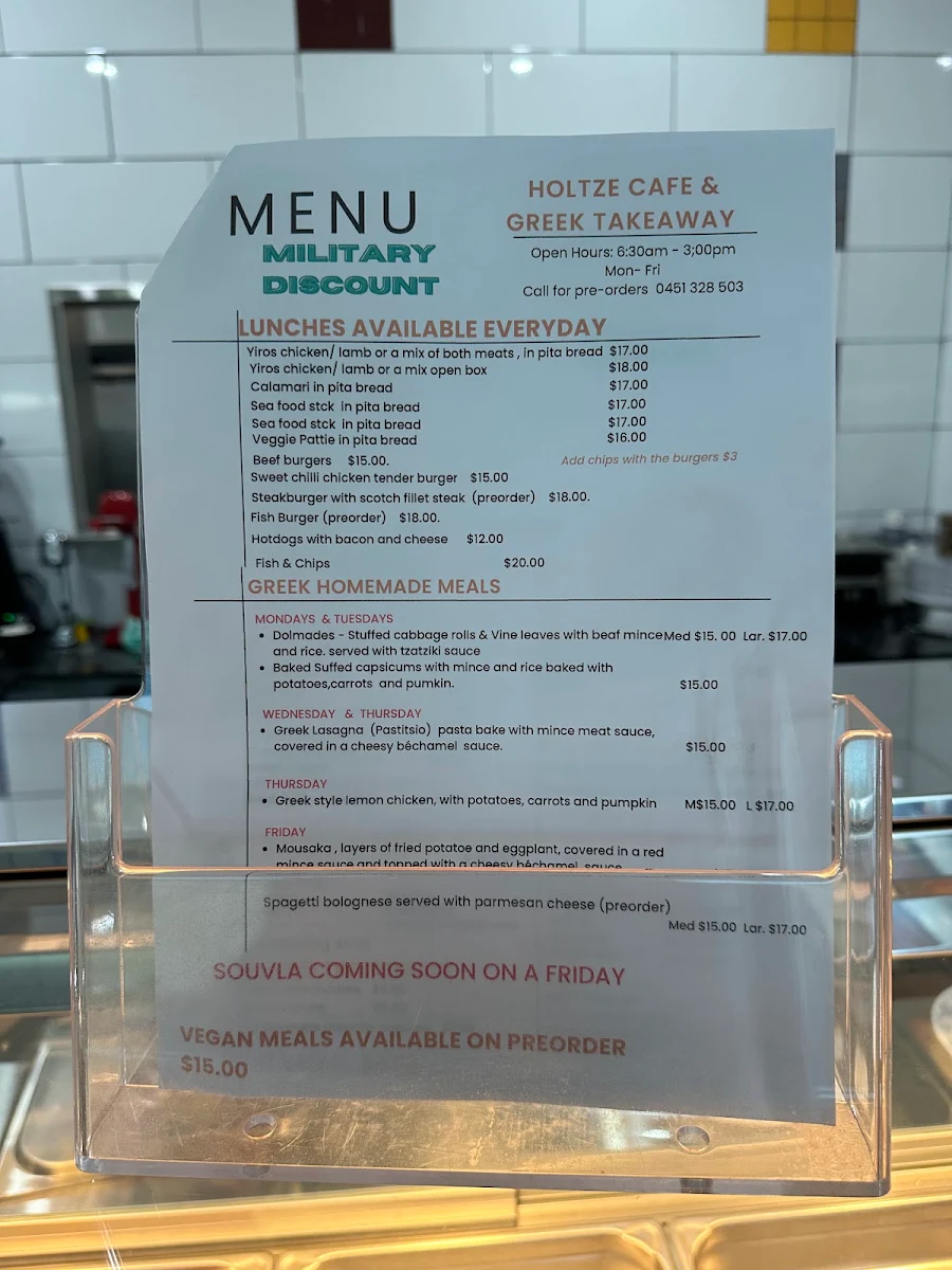 Menu, Holtze Cafe & Greek Takeaway