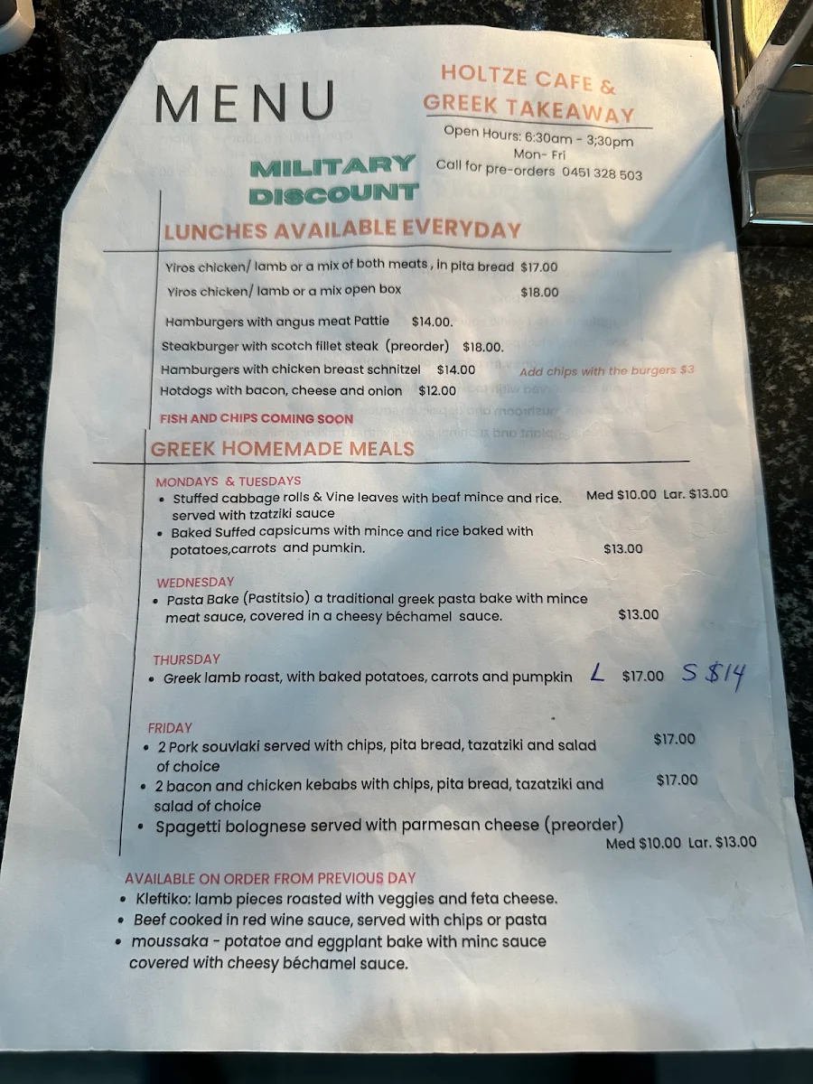 Menu, Holtze Cafe & Greek Takeaway