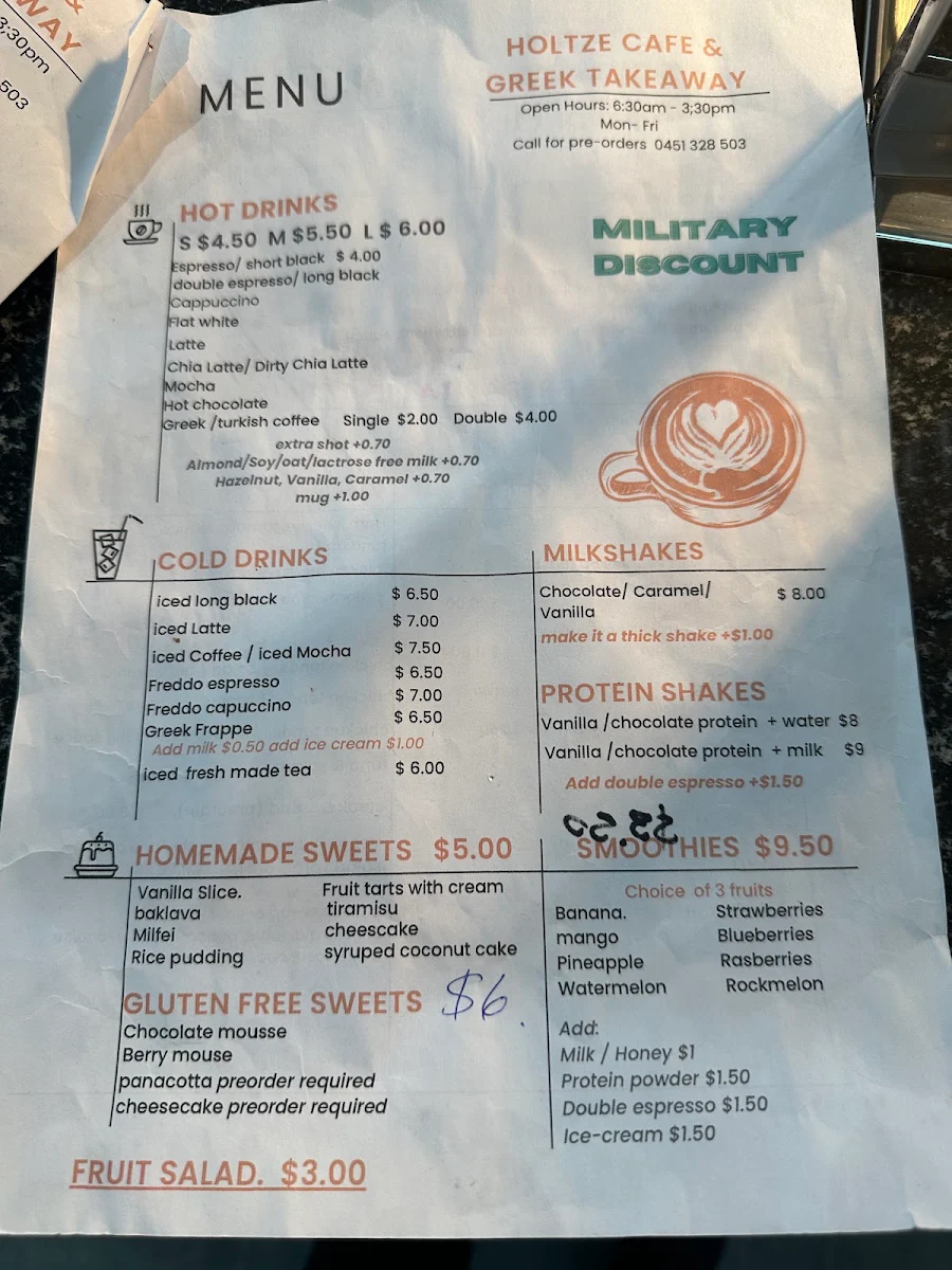 Menu, Holtze Cafe & Greek Takeaway