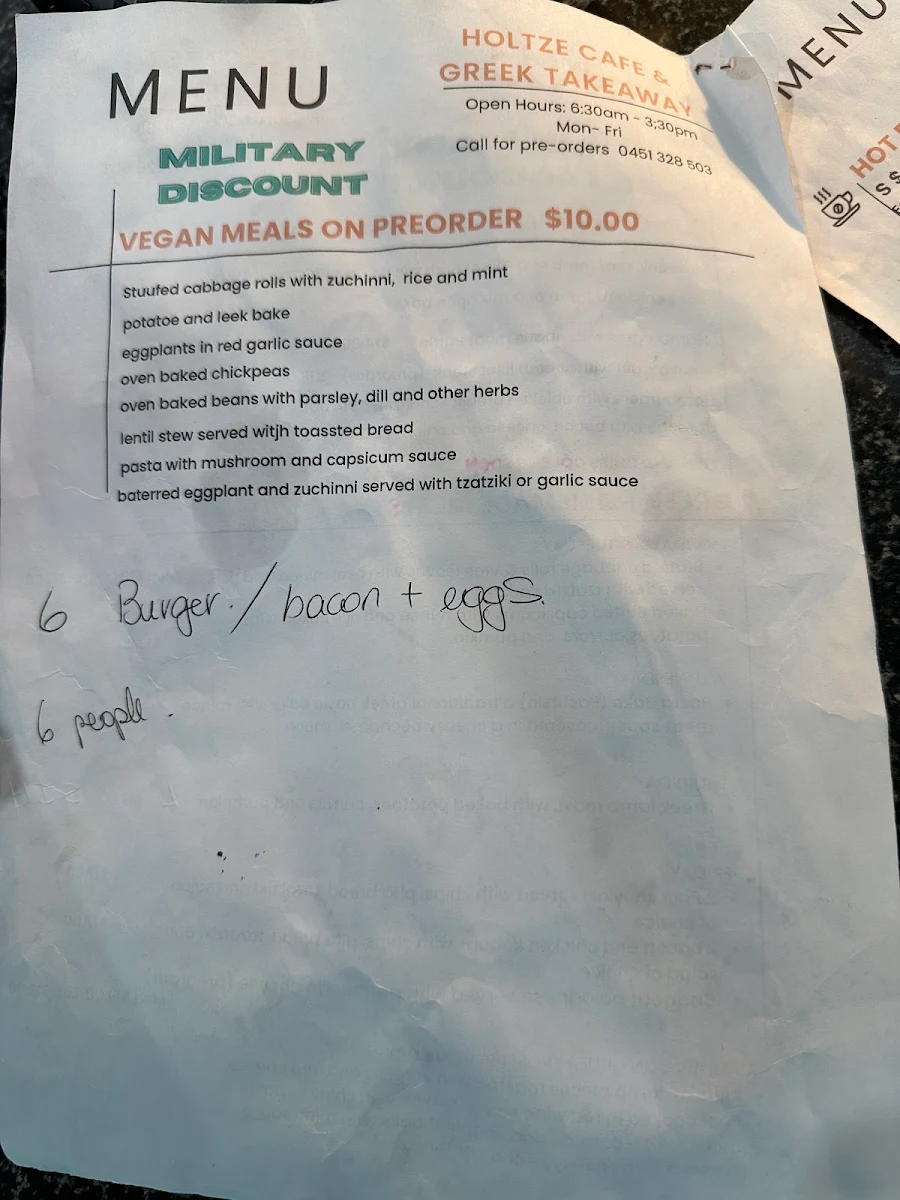 Menu, Holtze Cafe & Greek Takeaway