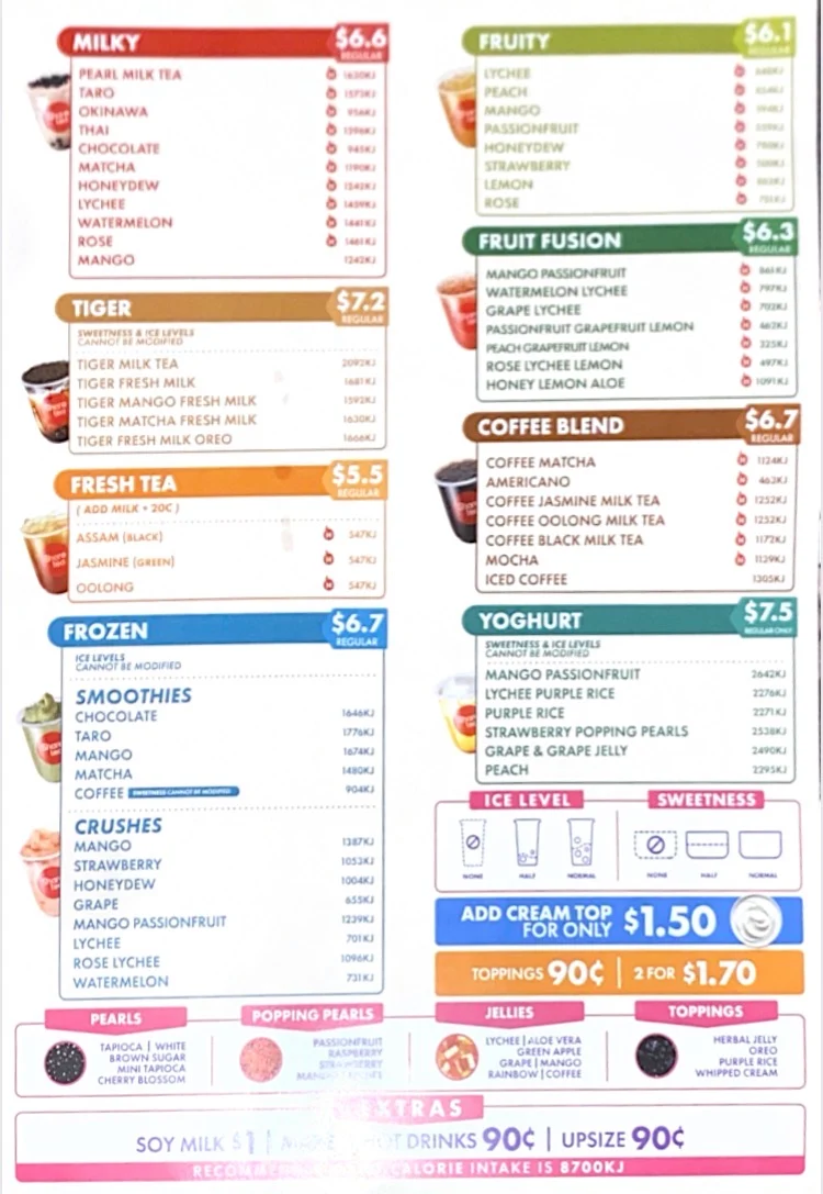 Menu, Sharetea Bundoora (Uni Hill)