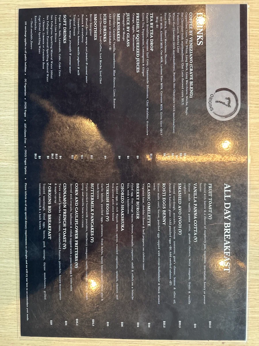 Menu, 7 Origins Cafe