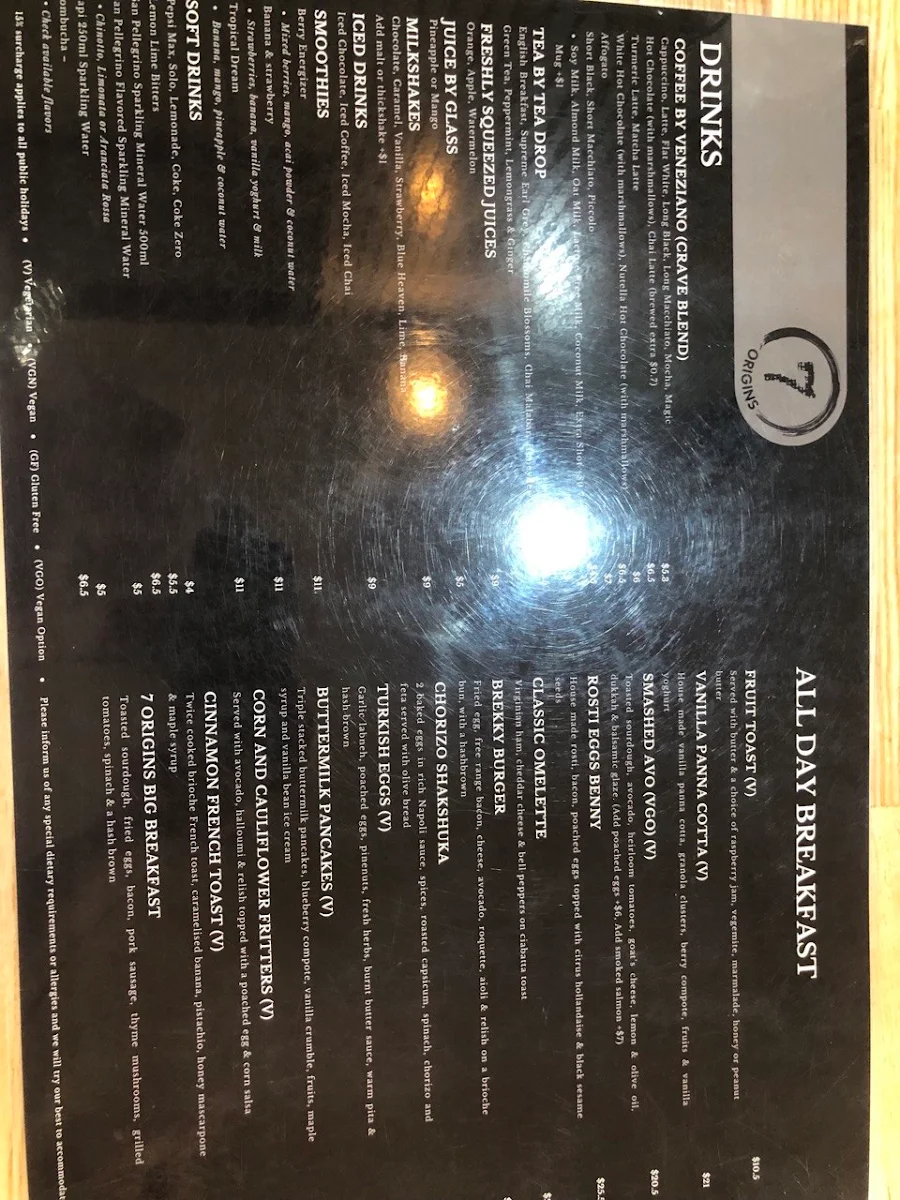 Menu, 7 Origins Cafe
