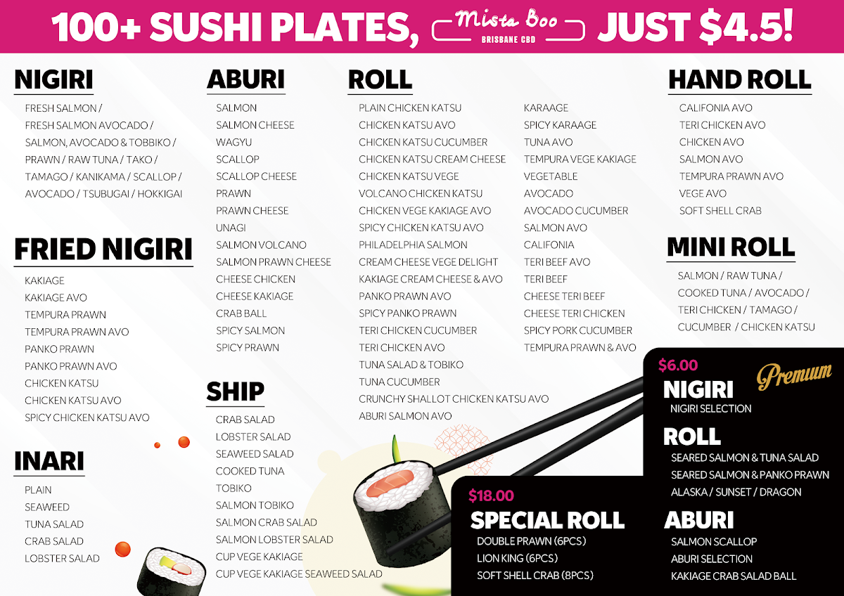 Menu, MistaBoo Sushi on Train - Brisbane CBD