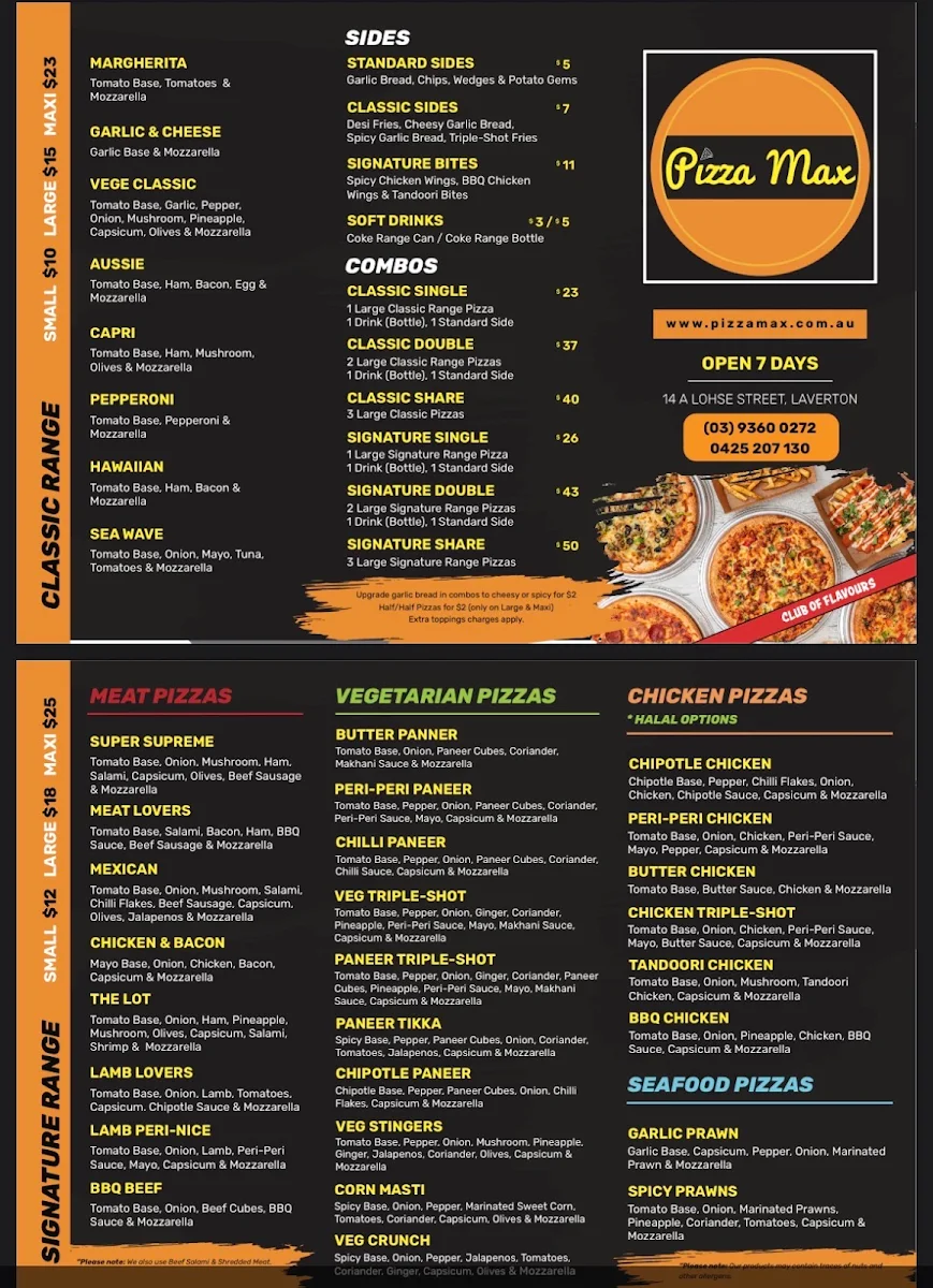 Menu, Pizza Max Caroline Springs