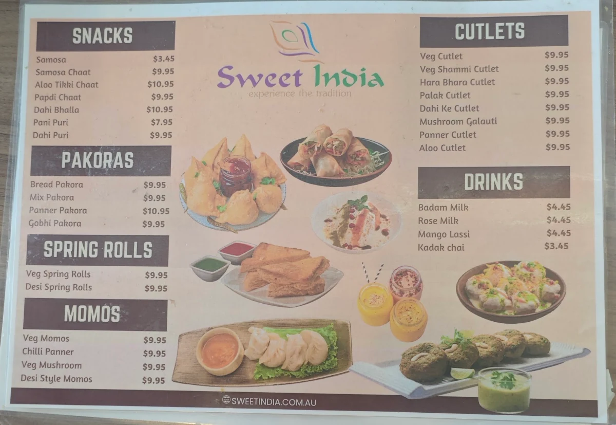 Menu, Sweet India Tarneit