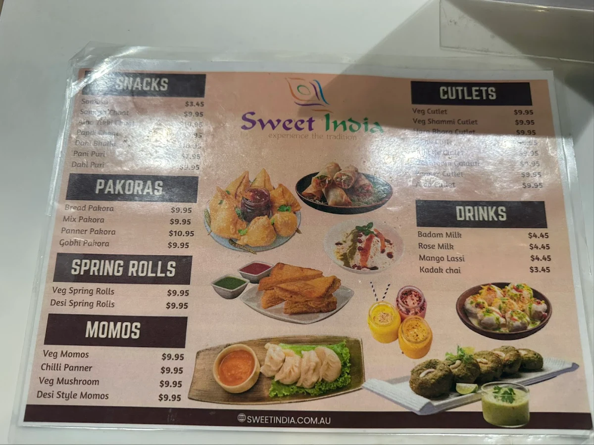 Menu, Sweet India Tarneit