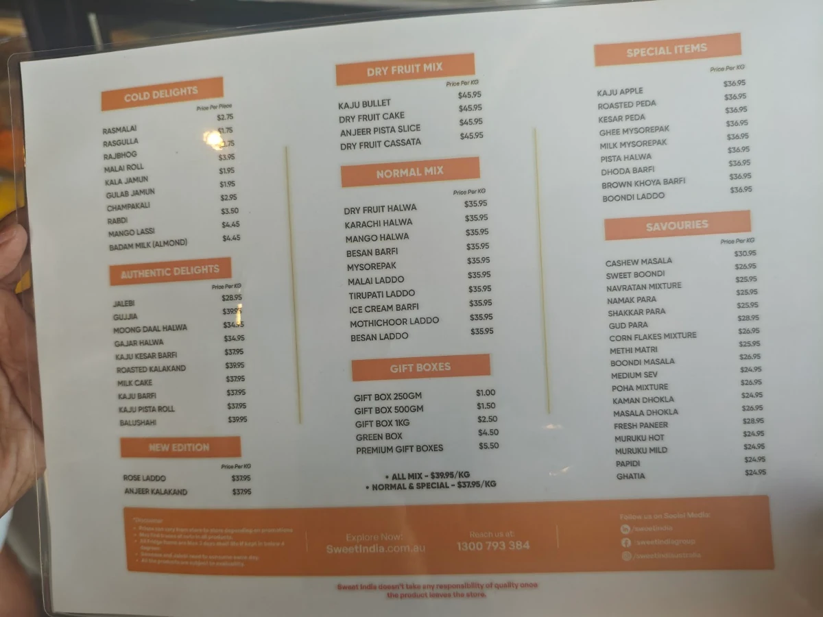 Menu, Sweet India Tarneit