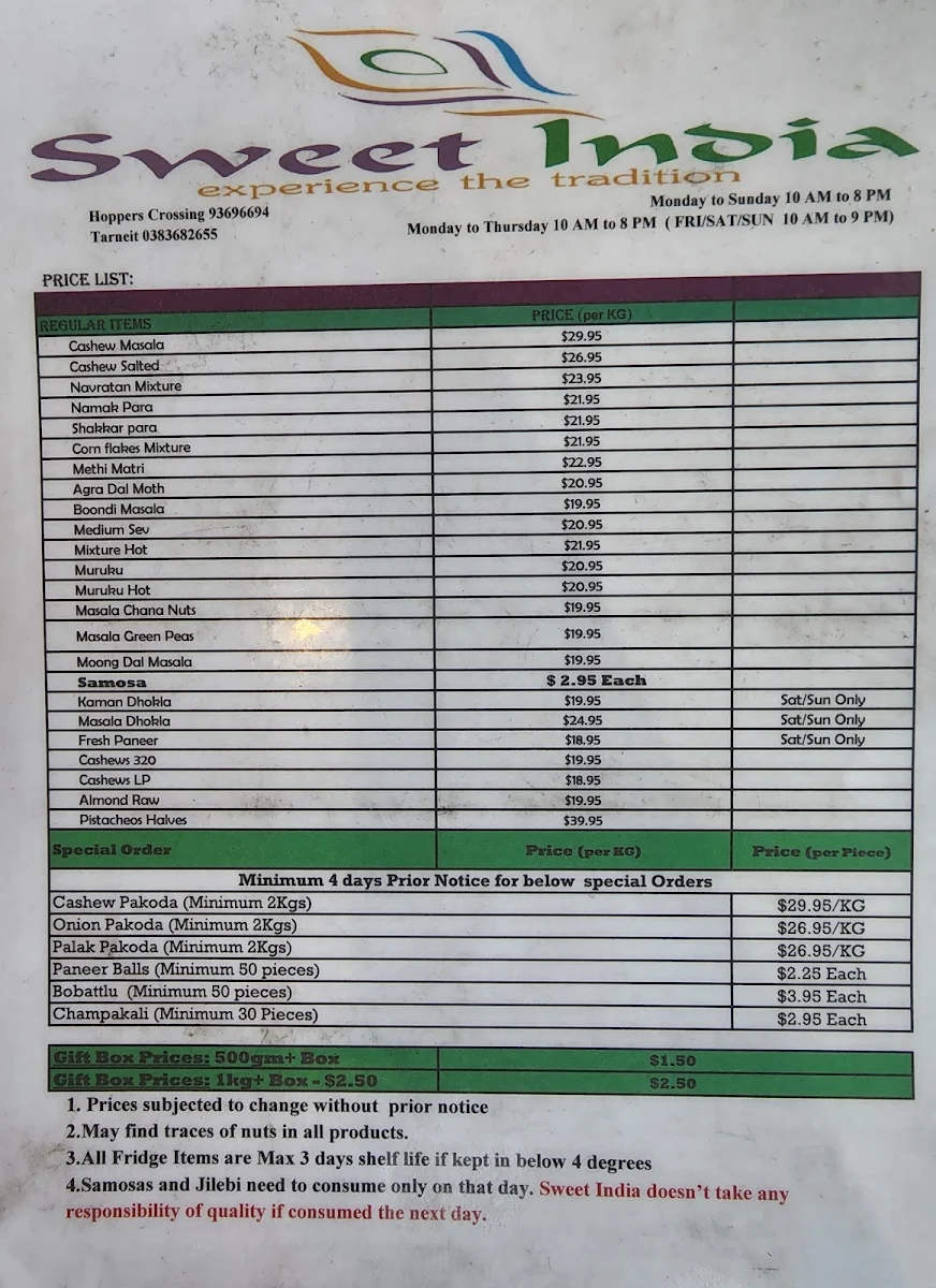 Menu, Sweet India Tarneit