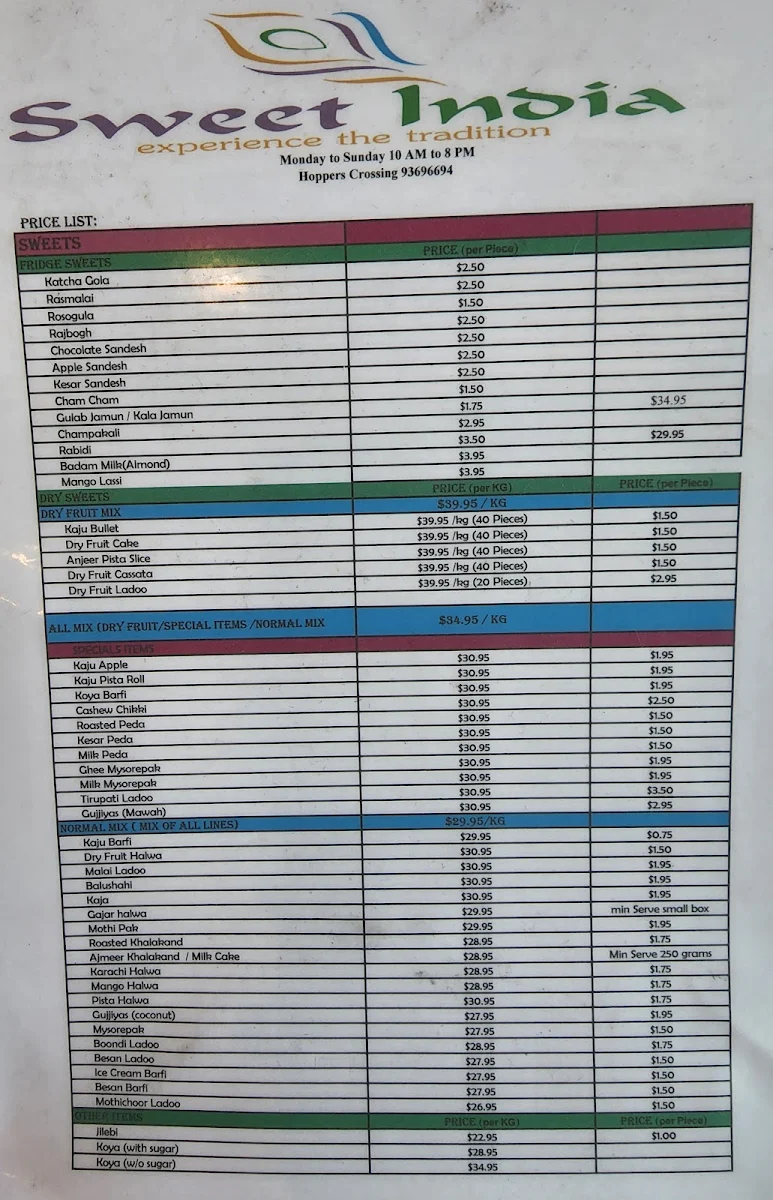 Menu, Sweet India Tarneit