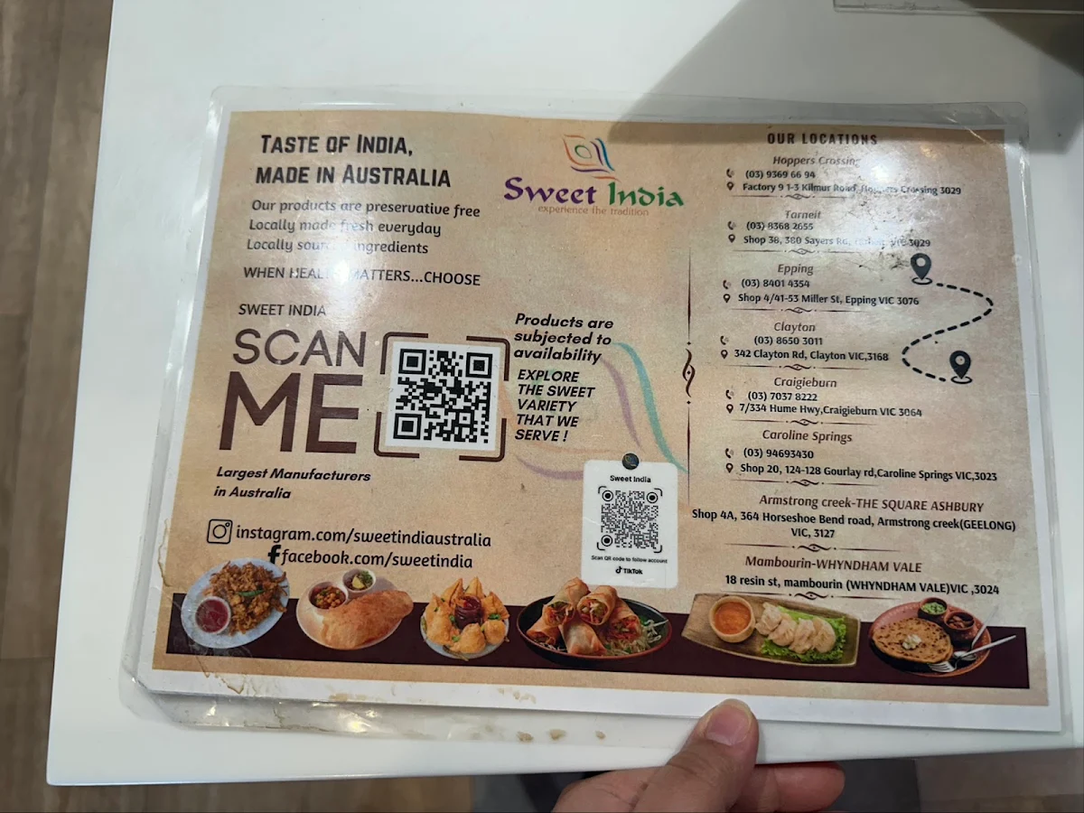 Menu, Sweet India Tarneit