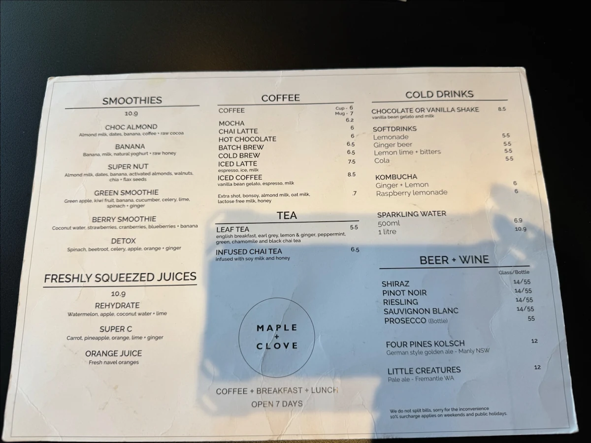 Menu, Maple + Clove