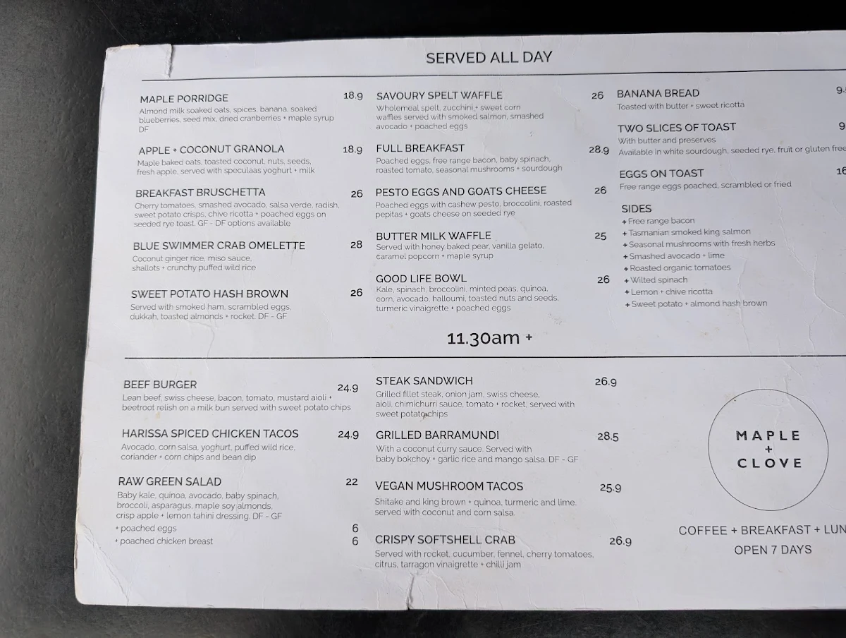 Menu, Maple + Clove