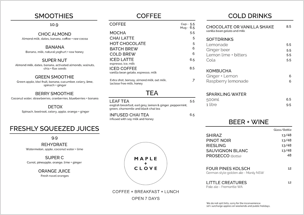 Menu, Maple + Clove