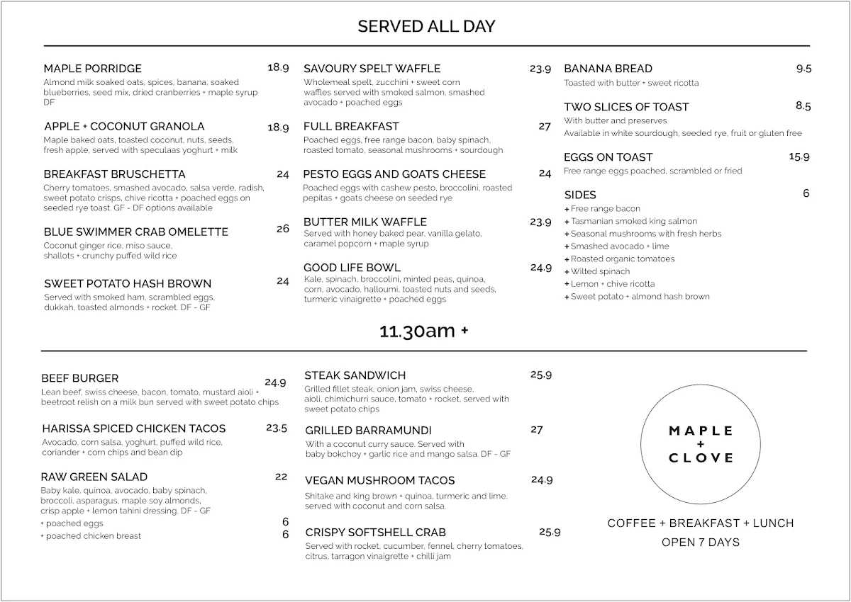 Menu, Maple + Clove