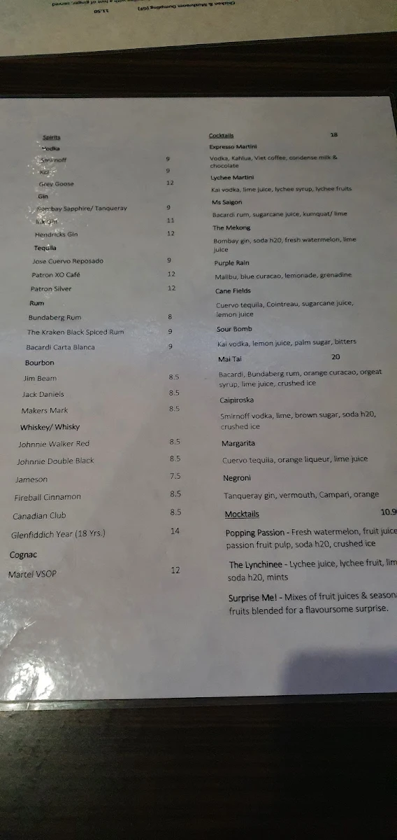 Menu, Quan 55 & Bar