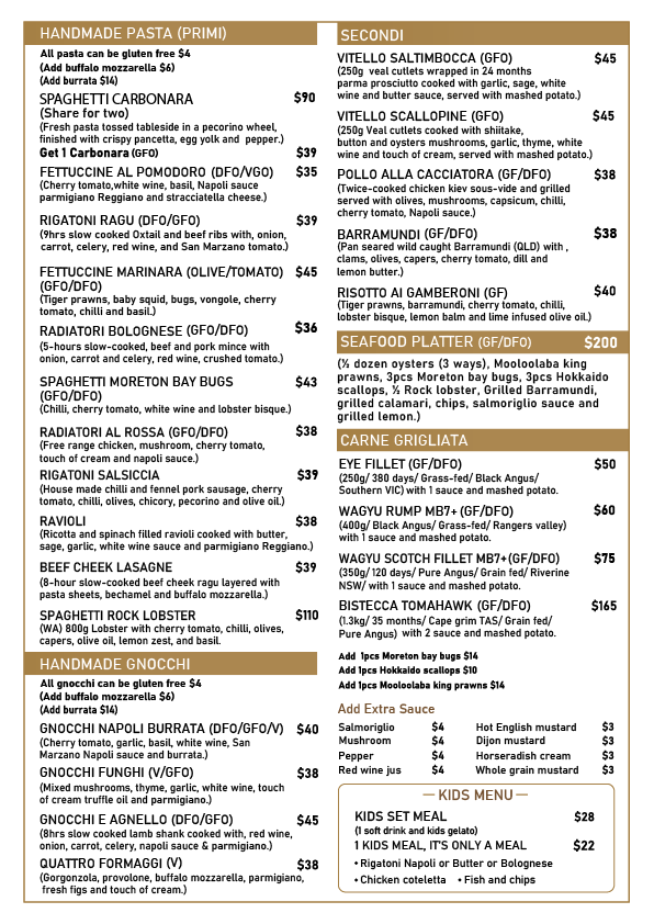 Menu, Oro by Sogno Italiano