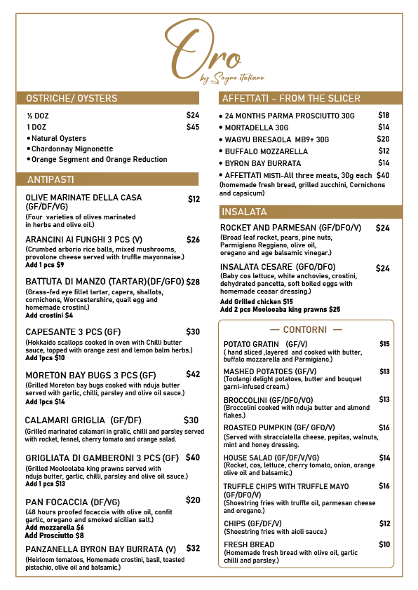Menu, Oro by Sogno Italiano
