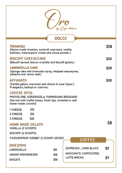 Menu, Oro by Sogno Italiano