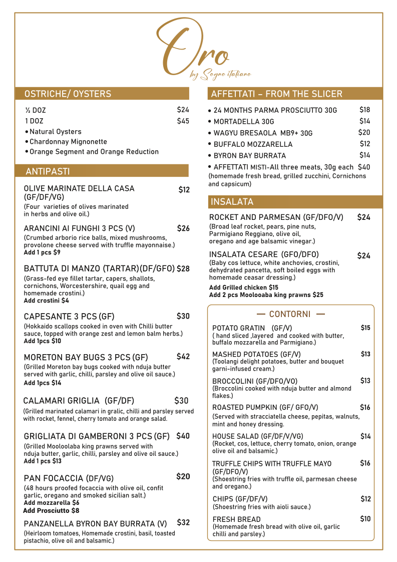 Menu, Oro by Sogno Italiano