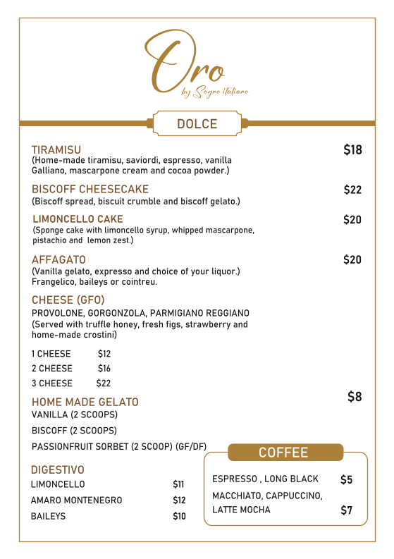 Menu, Oro by Sogno Italiano