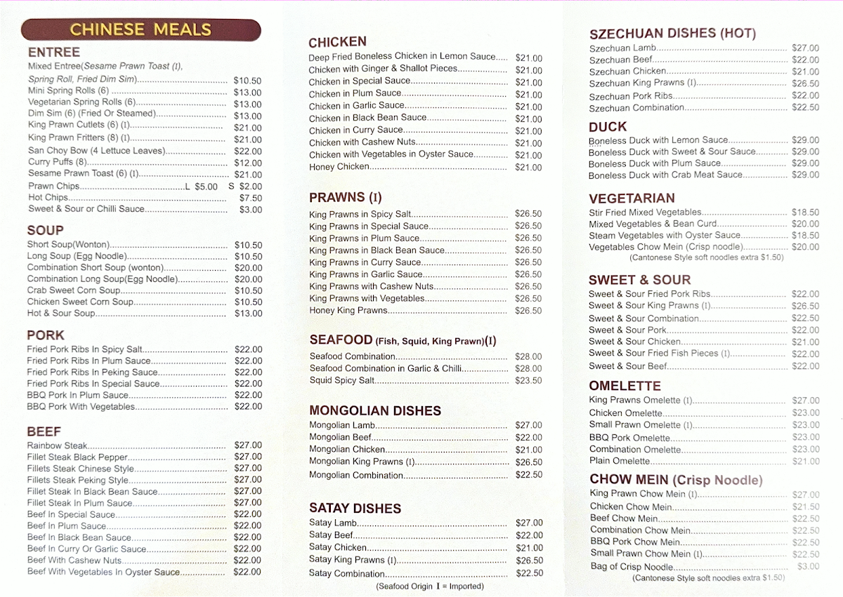 Menu, Victoria Village Chinese Restaurant