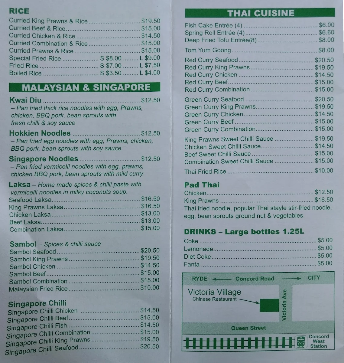 Menu, Victoria Village Chinese Restaurant