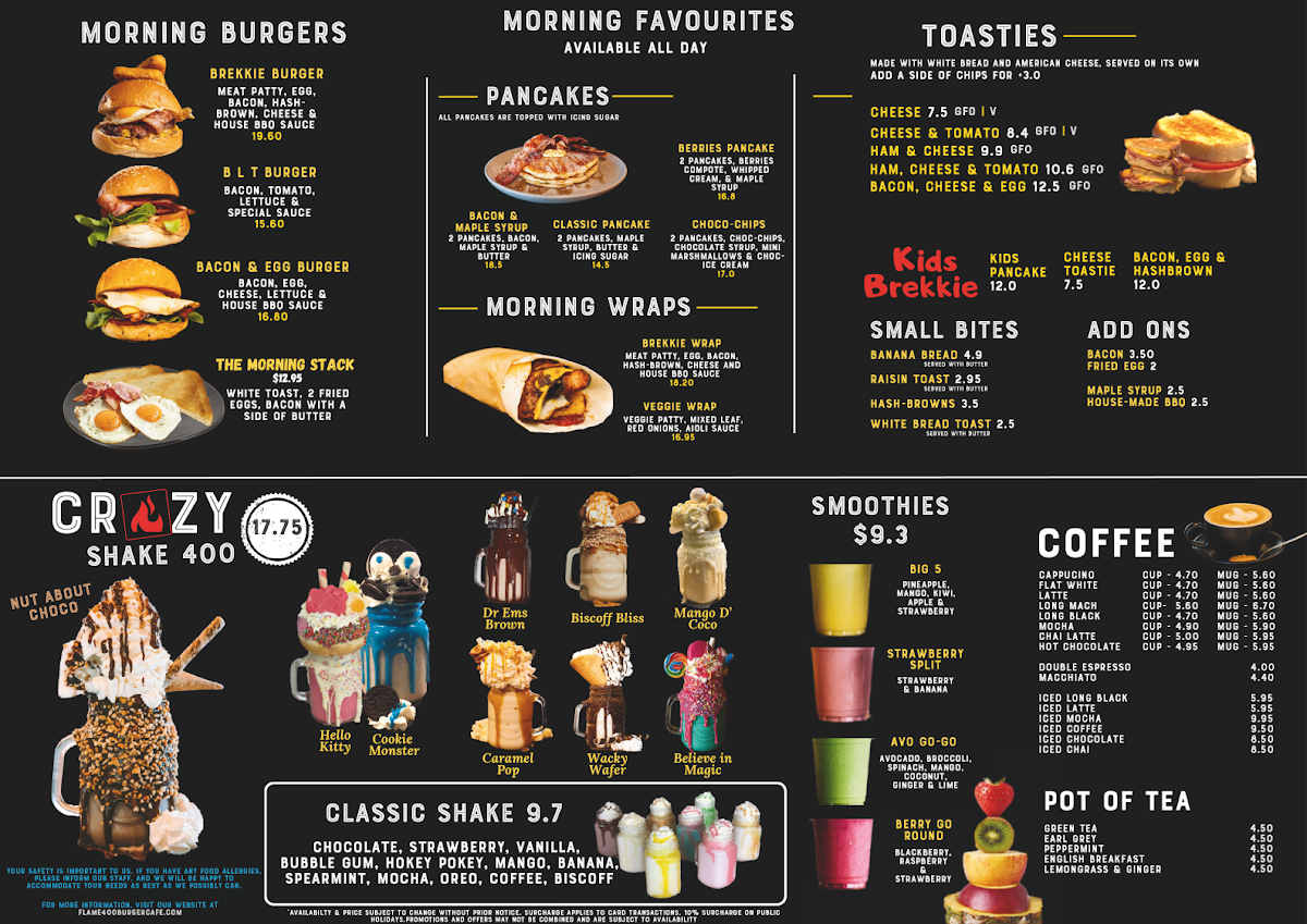 Menu, Flame 400 Burger Cafe