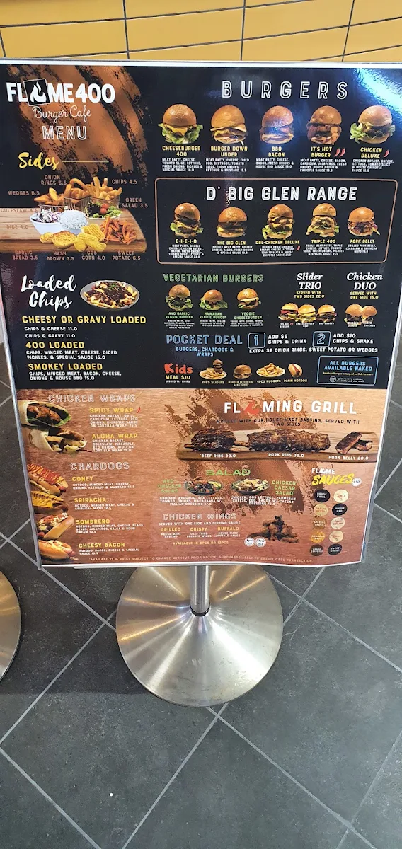 Menu, Flame 400 Burger Cafe