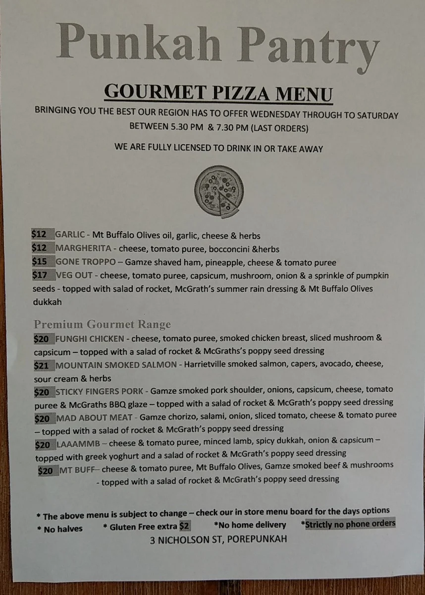 Menu, Punkah Pantry