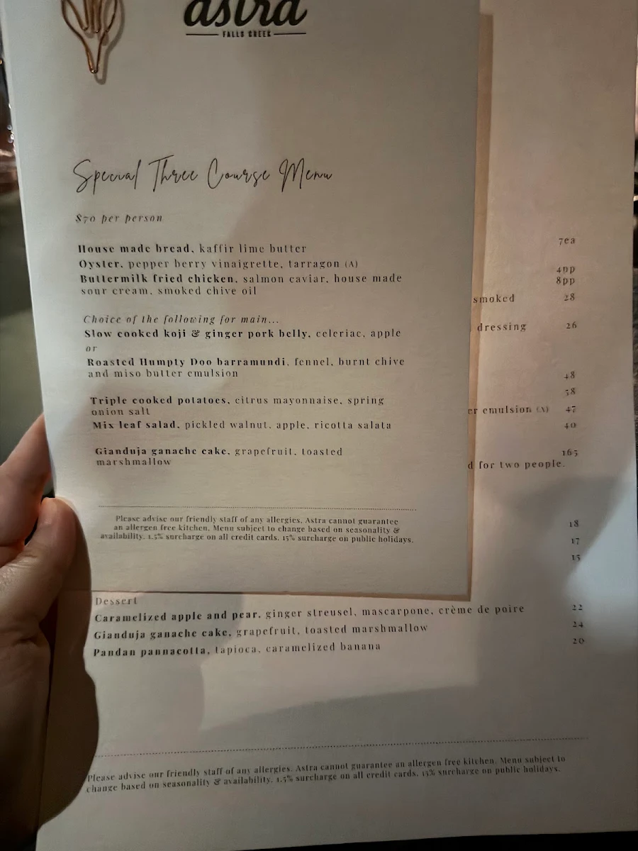 Menu, Astra Bar & Restaurant