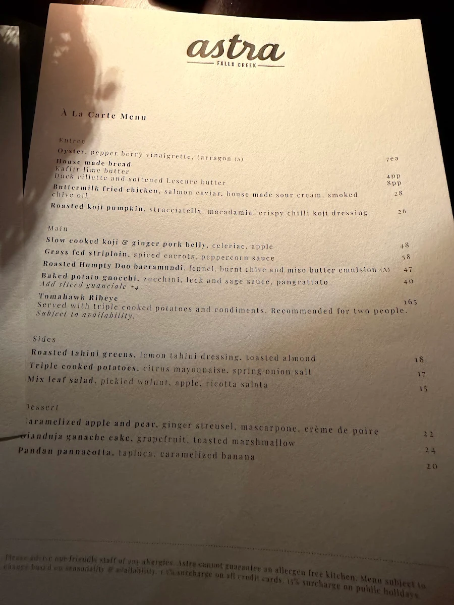 Menu, Astra Bar & Restaurant