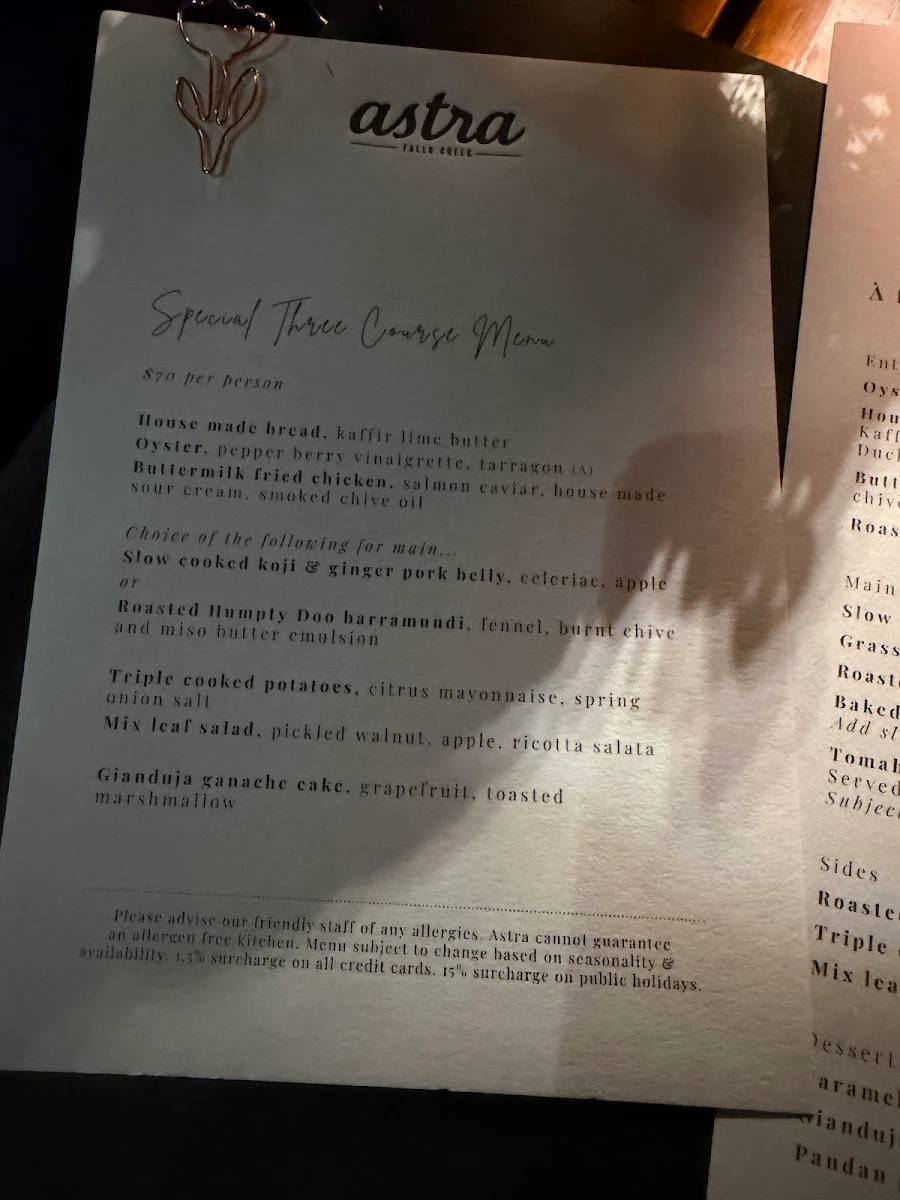 Menu, Astra Bar & Restaurant