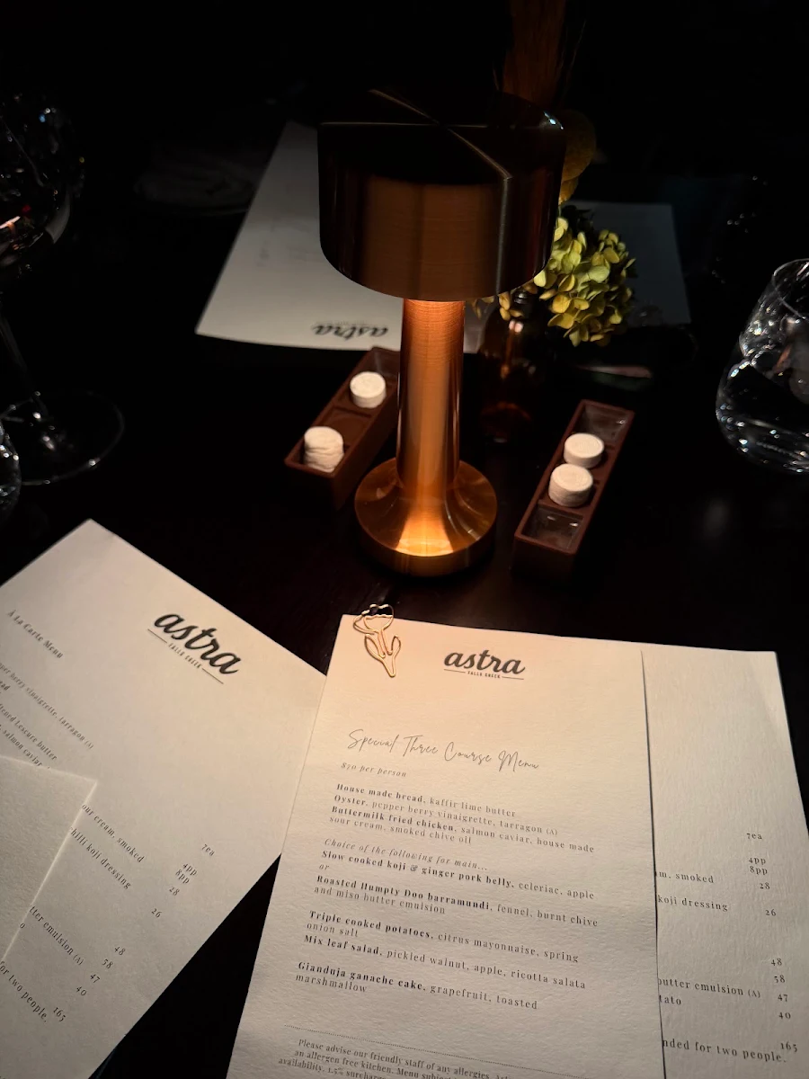 Menu, Astra Bar & Restaurant